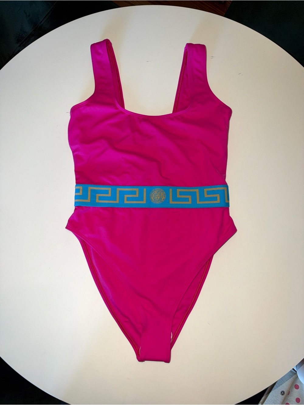Versace Hot Pink One-Piece Swimsuit with Blue Waistband